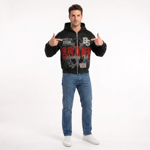 Sweat à capuche zippé noir vintage pour homme, coupe oversize, style streetwear, motif imprimé ailes d'ange et croix, collection automne 2026 Members Club - Product Image 5