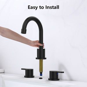 Grifo de lavabo negro mate de 8 pulgadas con 2 manijas, 3 orificios y caño giratorio de 360 grados para baño - Product Image 4