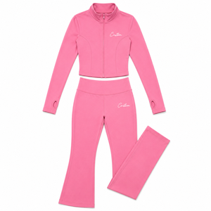 Ensemble de yoga rose hiver pour femme avec logo personnalisé, veste zippée intégrale à col montant et legging évasé, tenue de sport deux pièces, fournisseur - Product Image 3