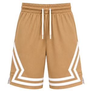 Shorts de basketball personnalisés pour hommes, couleur camel, avec empiècements latéraux géométriques blancs, en maille respirante, pour l'entraînement sportif et la gym - Product Image 1