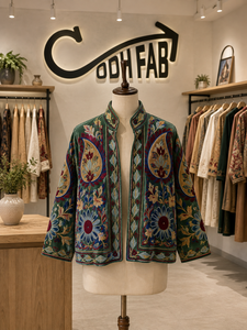 <b>Green</b> Floral Paisley Embroidered <b>Velvet</b> Winter Stand <b>Jacket</b> <b>Women</b> Handmade Suzani Boho Ethnic Vintage Designer Outerwear - Product Image 1