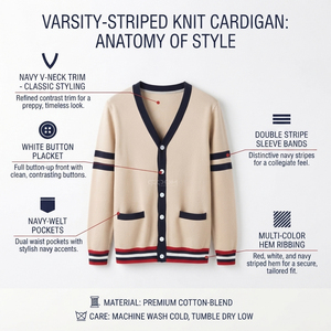 Cosh International Acrylic Sisterhood Sorority V Neck Stylish Women Winter Wear <b>Cardigan</b> Beige <b>Navy</b> Trim Knitted Sweater - Product Image 6
