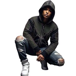 Sweat à capuche unisexe surdimensionné noir en coton 100% avec cordon de serrage, orné de pierres précieuses et de strass, style streetwear - Product Image 1