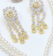 Fashionable Gold Finish Pearls CZ Look Necklace Combo <b>Set</b> With Earrings Ring <b>Bracelet</b> for Party Modern Wear Collection For Women - Product Image 2
