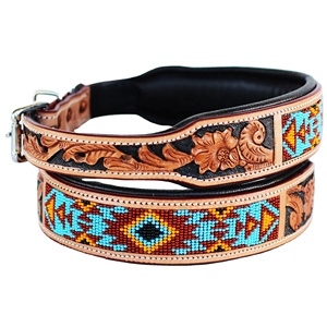 Hot Selling Cow Leather Soft Padded Beaded <b>Dog</b> <b>Collar</b> With Floral Hand Tooling Wholesale Manufacturer by Rodeo International - Product Image 1