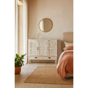 Vintage Indian wooden <b>sideboard</b> with carved decorations <b>Sideboard</b> in <b>White</b> Distressed Finish - Product Image 2