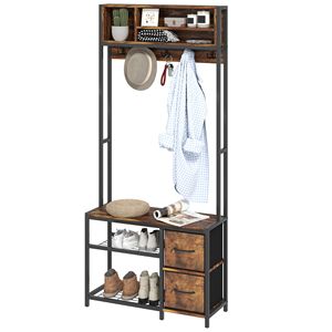 Panca da ingresso 5 in 1 con appendiabiti, 3 ripiani portaoggetti, 2 cassetti in tessuto - Mobile ingresso con contenitore per scarpe, marrone - Product Image 1