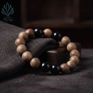 Bracelet perlé en bois d'agar naturel My Aga avec billes d'agate noire, bijou religieux unisexe, cadeau - Product Image 1