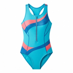 Traje de baño azul sin mangas para mujer con cremallera frontal y diseño de rayas coloridas de secado rápido en poliéster y spandex. - Product Image 1
