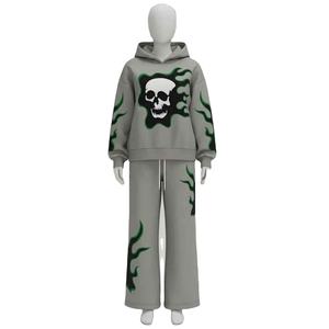 Conjunto de Sudadera con Capucha y Pantalones Deportivos de 2 Piezas para Hombre, Diseño Personalizado con Estampado de Calavera y Llamas, Ropa Deportiva Urbana, OEM ODM - Product Image 3