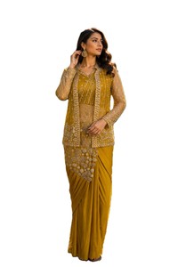 Seda Amarilla Tradicional para Saree, Bordado Zari, Lentejuelas, Reversible, Protección Solar, para Bodas y Fiestas, Estilo Indio y Pakistaní - Product Image 4