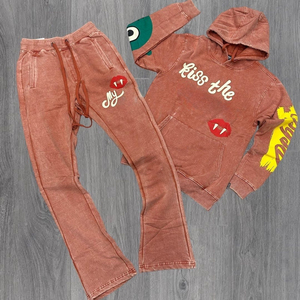 Breathable Custom Logo Distressed Zip Hoodie Pants Faded Tracksuit Pink Puff Printed Rhinestone Embroidery <b>Hip</b> Hop Style Winter - Product Image 5