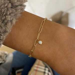 10k 14k <b>Solid</b> Gold Lab Grown Diamond Dangle Charm <b>Bracelets</b> Everyday Wear Paper Clip Chain Stacking Dainty Minimalist Jewelry - Product Image 6