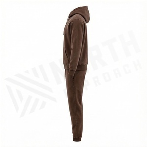 Men's Brown Hooded <b>Tracksuit</b> Full Sleeve Solid Color Casual Wear With Drawstring Closure And Side Pockets - Product Image 3