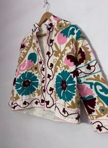 <b>Boho</b> <b>White</b> Floral Embroidery Cardigan Short Sleeve Loose Fit Cotton Woven Spring Casual Wear Hand Embroidered Straight Hem - Product Image 2