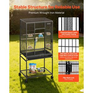 Gabbia per Uccelli in Ferro Battuto 62,5 x 42,4 x 137 cm con Tetto Piatto, Posatoi e Vassoio Scorrevole per l'Alimentazione - Product Image 3
