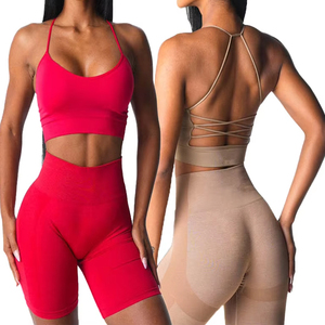 Sujetadores deportivos acolchados de alto soporte para mujer, talla grande, con tiras y efecto fruncido, y shorts deportivos para mujer. - Product Image 1