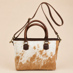 Premium Hair On Hide Leather Crossbody Bag Handmade Western Style Shoulder Purse Black <b>Tan</b> <b>Brown</b> Rustic Vintage Mini Tote bag - Product Image 1