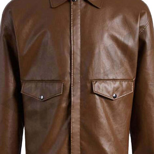Men's Brown Genuine Leather <b>Jacket</b> Turn-down Collar Zipper Closure Chest Pockets Casual Autumn Style - Product Image 4