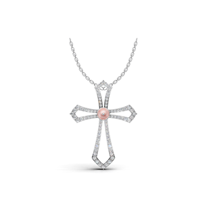Collier pendentif croix religieuse en or 18 carats avec diamant de laboratoire et perle rose au centre, bijoux fins pour femmes - Product Image 1