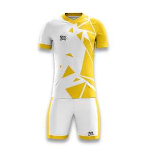 Conjunto de Uniforme de Fútbol Personalizado para Hombre, Blanco y Amarillo, con Diseño Geométrico, Cuello en V, Manga Corta, Transpirable, de Poliéster, Ajuste Atlético - Product Image 1