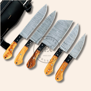 Couteau de Chef Artisanal en Acier Damas Manches en Bois d'Olivier Survie Camping DIY Bouton Poussoir Épaisseur 0,45 mm Personnalisable Premium Garantie 3 Ans - Product Image 1