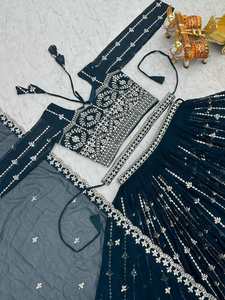 DESIGNER FAUX GEORGETTE EMBROIDERY SEQUENCE <b>WORK</b> LEHENGA CHOLI WITH DUPATTA AND WAIST <b>BELT</b> NAVY BLUE 75334 - Product Image 6