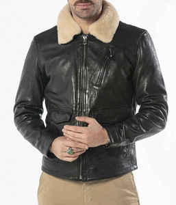 Veste de moto en cuir véritable pour homme avec doublure en fausse fourrure, fermeture éclair, vêtement d'extérieur d'hiver, coupe classique, noir - Product Image 4