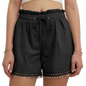 HYPEN SPORTS Short Bermuda Décontracté pour Femme, Coupe Droite, Taille Haute Élastique, Bordure en Dentelle Unie, Respirant, Lin/Coton - Product Image 1