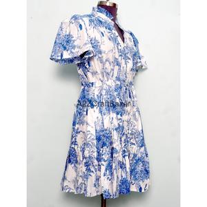 100% Cotton Handmade Women's Mini <b>Dress</b> V-Neck Short Sleeve A-Line Digital Floral Print Washable Breathable Office - Product Image 5