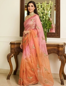 Sari de satén reversible sin arrugas con bordados y adornos para mujer, estilo Bollywood, con blusa sin coser. - Product Image 6