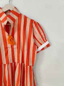 Robe en coton rayée orange pour femmes, manches courtes, col, robe d'été, robe bohème décontractée, mini robe - Product Image 3