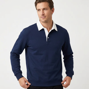 Polo de Manga Larga Azul Marino para Hombre, Estilo Casual de Algodón Tejido Sólido con Cuello Blanco y Diseño de Botones, Hecho en Bangladesh - Product Image 2