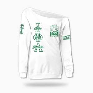 Sudadera Personalizada Iota Phi Lambda con Hombros Descubiertos, Color Blanco y Verde Esmeralda, Sudadera de la Hermandad Iota Phi Lambda - Product Image 5