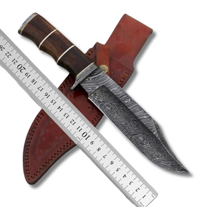 Couteau utilitaire A&M Enterprises à lame fixe en acier Damas de qualité industrielle, pointe tombante, 12 pouces, manche en bois, étui en cuir, pour l'extérieur - Product Image 3