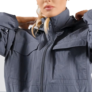 <b>Women's</b> Windproof Full Zip Stand Collar <b>Jacket</b> Solid Color <b>Utility</b> Style Drawstring Hem Regular Length Woven Polyester Material - Product Image 4