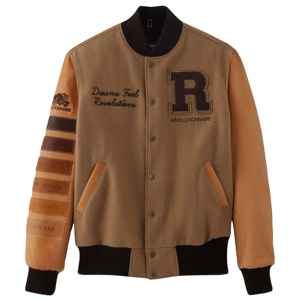 Chaqueta Varsity para Hombre, Cuero PU, Letra R Bordada en la Parte Delantera, Color Marrón, Estilo Preppy Otoñal, Corte Regular - Product Image 1