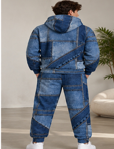 Conjunto Deportivo de Dos Piezas para Hombre, Estilo Denim, con Capucha, Informal, para Invierno, Azul, Estilo Urbano - Product Image 2