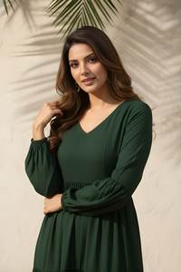 Vestido Elegante Verde de Seda Delta con Cuello en V, Manga Abullonada Completa, Largo Regular, Totalmente Cosido, Color Sólido, Estilo Occidental para Fiestas - Product Image 6