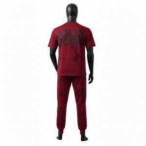 Conjunto de camiseta y pantalón deportivo para hombre de jersey de algodón y poliéster premium, color borgoña, con estampado completo y logotipo personalizado. - Product Image 2