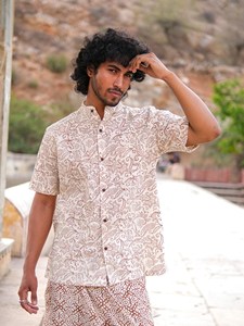 Men Hand block Kalamkari Printed Cotton Short Kurta <b>Shirt</b> Casual Summer Wear Slim Fit Mandarin Collar <b>Half</b> Sleeves Ethnic Top - Product Image 1
