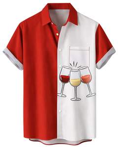 เสื้อเชิ้ตแขนสั้นพิมพ์ลายแก้วไวน์สีแดงขาวแบบกำหนดเอง สำหรับงานปาร์ตี้ลำลองฤดูร้อนบุรุษ รับผลิตตามสั่ง OEM จำหน่ายส่งจำนวนมาก - Product Image 1