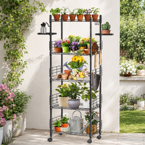 Estante de Metal Negro para Plantas de Jardín con Ruedas y Estantes para Almacenamiento de Macetas en Patio, Soporte de Exhibición para Uso en Exteriores - Product Image 6