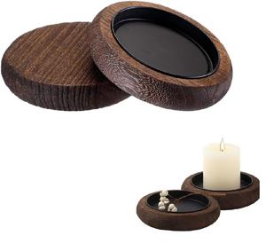 Ensemble de deux porte-bougies ronds en bois, support décoratif pour bougies, plateau en bois brun naturel, pour bougies chauffe-plat - Product Image 1