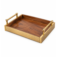 Plateau de service rond en bois de luxe avec poignées en feuille d'or antique, plateau décoratif en bois d'acacia pour table basse, vaisselle d'hôtel