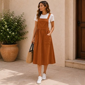 Robe midi tablier marron avec poches plaquées, taille élastique, coupe trapèze, décontractée, pour le printemps - Product Image 1