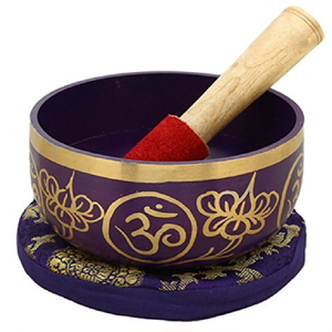 Brass Tibetan singing bowl set features internal petal design and orange cushion, available at wholesale prices. - Product Image 3