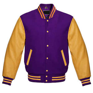 Blouson universitaire tricoté imperméable pour homme, violet et jaune, à capuche, avec manches contrastantes, col rayé, poignets et ourlet à boutons, personnalisable - Product Image 3