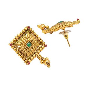 Parure de bijoux plaqué or avec collier long et boucles d'oreilles en alliage, ornée de perles, design temple indien du Sud, pour femme, idéale pour mariage et soirée, bijoux de mode ethniques - Product Image 2