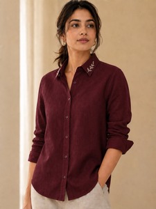 Chemise en lin/coton tissé pour homme, bleu clair, col boutonné, manches longues, chemisier décontracté pour tous les jours, printemps - Product Image 4